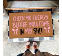 Welcome Mats for Front Door Check Yo Energy Before You Come Doormat Anti Slip Watercolor Pink Bow Entrance Mat Rubber Rugs Floor Porch Indoor Outdoor Door Mat for Home Entry,Bathroom,Kitchen Decor