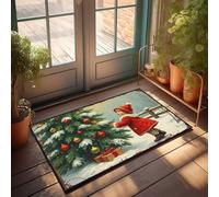Welcome Mats Outdoor Fall Child In Red Coat Decorating Christmas Tree With Snowy Background Doormat Shoes Here Mat Door Mat Indoor Entrance(65X90CM)