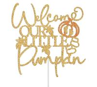 Welcome Our Little Pumpkin Cake Topper, Fall Autumn Baby Shower Cake Decorations, Halloween Thanksgiving Pumpkin Baby 1st Birthday Party Decoration Gold & Orange Glitter