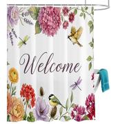 Welcome Pink Hydrangea Shower Curtain for Bathroom, Purple Floral Rustic Bird Botanical Waterproof Cloth Fabric Bathroom Accessories Set with 12 Rust Proof Plastic Hooks, 72” x 96”