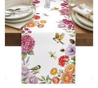 Welcome Pink Hydrangea Table Runner 13 x 48 Inch, Purple Floral Rustic Bird Botanical Washable Cotton Linen Dining Table Runner Tabletop Decorations for Restaurant Home Kitchen Party