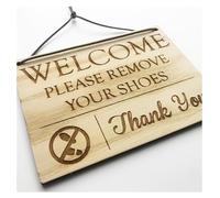 Welcome - Please Remove Your Shoes - Thank You - 140mm x 100mm x 4mm Wooden Laser Engraved Rectangle Sign Plaque With Cotton Cord For Hanging