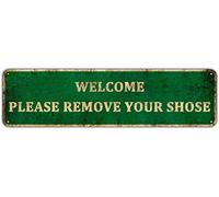 Welcome Please Remove Your Shoes Tin Sign, Vintage Metal Signs For Home Bars Clubs Cafes For Bedroom Kitchen Garden Wall Bar Club Coffee Hanging Sign Home Decor 4×16 Inch