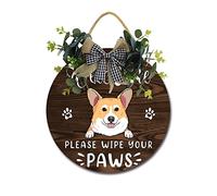 Welcome Please Wipe Your Paws Front Door Sign Funny Wreaths Hanging Wooden Plaque Decoration Round Rustic Wood Farmhouse Porch Decor for Home Front Door Decor, 11 x 11 Inch