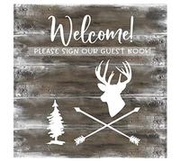 Welcome: Rustic Wood Guestbook For Vacation House, Guesthouse Lodge Visitors, Rental Cabin B&B Holiday Hotel- Blank Unlined Sign In Square Pages To Write In, Sign In - Deer Lettering Guest Home Book