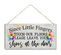 Welcome Sign for Front Door Outside Funny Wooden Door Sign For Front Porch Decor Since Little Fingers Touch Our Floors Please Leave Your Shoes At the Door House Warming Gift Art Decor(12 x 6) Inch