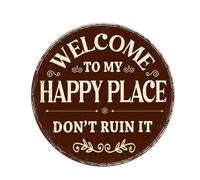 Welcome Sign for Front Door Rustic Round Metal Plaque Welcome to My Happy Place Decorative Sign - 20x20 CM Home Gym Man Cave Cafe Game Room Bar Kitchen Holiday Party Wall Decoration