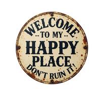 Welcome Sign for Front Door Rustic Round Metal Plaque Welcome to My Happy Place Decorative Sign - 30x30 CM Home Gym Man Cave Cafe Game Room Bar Kitchen Holiday Party Wall Decoration