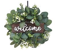 Welcome Sign Wreath, 12-Inch Artificial Eucalyptus Wreath with Wooden Sign for Front Door Wall Window Estival Ornaments Home Garden Decoration (wellcome)