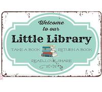 Welcome Signs for Front Door Outside Book Lover Welcome to Our Little Library Take a Book Metal Signs Vintage Room Decor Aesthetic Wall Art Tin Sign Gift for Garage Man Cave Bar 8"x12"