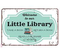 Welcome Signs for Front Door Outside Book Lover Welcome to Our Little Library Take a Book Metal Signs Vintage Room Decor Aesthetic Wall Art Tin Sign Gift for Garage Man Cave Bar 8x6 inch