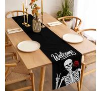 Welcome Skeleton Table Runner 13x36 inch Abstract Funny Skull Skeleton Bone Biting A Rose Black Cotton Linen Dining Table Runner Ideal for Dresser Kitchen Coffee Tables - Machine Washable