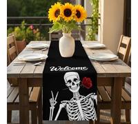 Welcome Skeleton Table Runner 16x72 inch Abstract Funny Skull Skeleton Bone Biting A Rose Black Cotton Linen Dining Table Runner Ideal for Dresser Kitchen Coffee Tables - Machine Washable