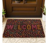 Welcome Stone Pattern Doormat, Multicolor Pebble Outdoor & Indoor Entrance Rustic Decor, Rubber Waterproof Non-Slip Dust Absorbent Front Mats, Easy Clean 29x17 Inch