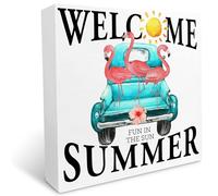 Welcome Summer Flamingo on Pick Up Truck Wooden Box Sign Summer Desk Decor,Rustic Summer Wood Block Sign Desk Decorations for Home Living Room Girls Room Garden Shelf Table Decor 5x5 Inch