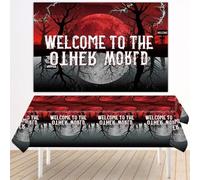 Welcome to an Other Side Backdrop and Tablecloth, 146x98cm/4.79x3.22ft Weird Invert Theme Birthday Banner Backdrop with 137x274cm/4.49x9ft Demon Table cloth for Halloween Birthday Party Supplies