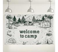 Welcome to Camp Outdoor Backdrop, Vintage Camping Scene Decorations, Black White Nature Photography Background for Camping Party Events 71x43 Inch