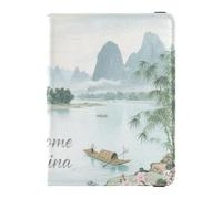 Welcome To China Scenery Culture Leather Passport Card Holder Cover Combo for travel Travel Documents Organizer Protector Passport Cover Holder Wallet Case for women Lightweight