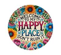 Welcome to My Happy Place Don't Ruin It, Round Retro 2D Metal Sign Funny Welcome Door Signs for Home Front Door Cafe Bar Club Deck Yard Porch Wall Decor 40cm