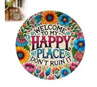 Welcome to My Happy Place Don't Ruin It, Vintage Bohemia Round Metal Wall Sign, 8/12/16 Inch Metal Welcome Plaque, for Home Garden Farm Bar or Café Wall Decor (12IN)