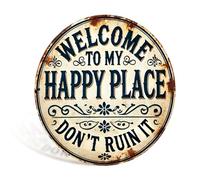 Welcome to My Happy Place Funny Metal Tin Sign Vintage License Plate Wall Decor Round Aluminum Plaque for Home Office Garage Bar Cafe Man Cave Restaurant Living Room Garden Yard Porch 8x8 Inch