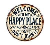 Welcome to My Happy Place Funny Vintage Metal Sign for Home Front Door Cafe Bar Club Deck Yard Porch Wall Decor 8x8 Inch Round Aluminum Decor Sign