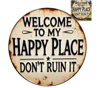 Welcome to My Happy Place Funny Vintage Metal Sign,Round Sign Wall Art Decor,8x8 Inch Welcome Door Sign,House Signs for Outside Wall,Garden Plaques,Vintage Wall Hanging Decoration for Garden Bar Cafe