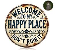 Welcome To My Happy Place Metal Sign, Vintage Round Wall Decor, 20x20 Cm Rustic Tin Plaque for Front Door Porch Cafe Bar Outdoor Indoor Use
