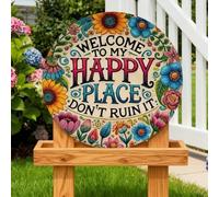 Welcome to My Happy Place - Metal Wall Sign, Rustic Round Door Decor Sign, Creative Wall Patio Signs for Outside, 2d Unique Design Iron Hanging Poster for Indoor Outdoor Decorations(#A*1)