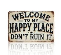 Welcome To My Happy Place Vintage Decor Sign, Garden Room Ideas Welcome Sign, Vintage Room Decor Outdoor Wall Art for Home Garden Bar Kitchen Bedroom Door Metal Signs
