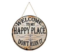 Welcome to My Happy Place Vintage Metal Sign Fun Wall Decor Perfect for front doors, kitchens, man caves, tool sheds, gardens, and bars. 8x8-inch round tin-plated iron nameplate