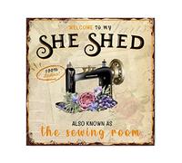 Welcome to My She Shed Also Known As The Sewing Room Wooden Signs Sewing Machine Purple Floral Sign Sewing Studio Retro Chic Printing Wooden Sign for Living Room Bedroom New House Gift 8x8in