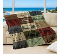 Welcome to Our Cabin Printed Blanket, Vintage Bear and Deer Family Cozy Flannel Throw Blanket for Outdoor Adventure and Room Decor (04,130x150cm)