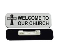 Welcome to Our Church, Cross Design, 1 x 3" Name Tag/Badge, Silver (3 Pack)