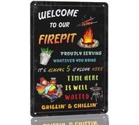 Welcome To Our Firepit Tin Sign Proudly Serving Whatever You Bring Sign Vintage Metal Sign For Backyard Wall Decor Signs Patio Deck Decor Outdoor Firepit Sign 8x12 Inch