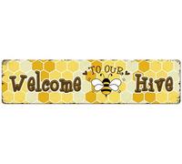 Welcome To Our Hive Metal Tin Sign Positive Quote Wall Art Decoration Inspirational Bee Painting Home Farmhouse Kitchen Living Room Bedroom Bathroom Coffee Corner Decor Novelty Gift 16" x 4"