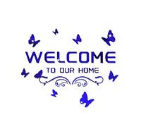 Welcome to Our Home Acrylic Mirror Wall Stickers Sign Letters with Butterfly and Vine, Removable Mirror Wall Decals, Art Murals for Living Room, Door, Porch Decoration (Blue)