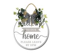 Welcome To Our Home Please Leave By 9 Door Sign Home Decor Round Wood Wreaths Wall Hanging Sign Farmhouse Porch Sign Front Door Decoration for Housewarming Gift All Seasons Holiday,12In