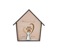 'Welcome to Our Paw-some Home' - Full Colour, Funny, & Cute Novelty Item for Mum, Dad, & Dog Owners - Plywood Dog House Ornament with Bespoke Metal Dog Figurine