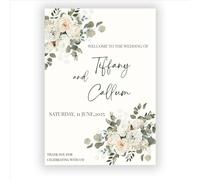 Welcome to Our Wedding -Custom Elegant Wedding Welcome Sign -Personalized PVC Board for Indoor/Outdoor Display|Floral Design|Add Couple’s Names&Date (Beige and White Floral (No.009))