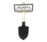 "Welcome to Stuart's garden" hanging shovel sign