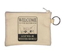 Welcome to The Bathroom A Cat Will Be with You Shortly Key Chain Coin Purse Beige
