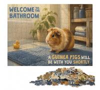 Welcome to The Bathroom Guinea Pig Wooden Jigsaw Puzzle for Adults | Clear image details - focused tabletop leisure at home.