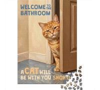 Welcome to The Bathroom Orange Cat 1000 Piece Puzzle for Pet Lover Decor, 38x26cm/1000pcs