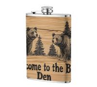 Welcome to The Bear's Den Wooden Pocket Hip Flask 8 Oz, Stainless Steel Flagons for Dad Groomsman Wedding Travel Camping