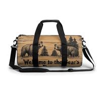 Welcome to The Bear's Den Wooden Travel Gym Bag for Women Men Cylindrical Duffle Bag Sport Workout Bag with Shoulder Strap