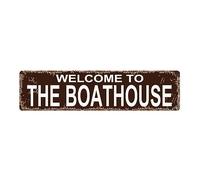 Welcome To The Boathouse Sign - Dock Pier Fishing Lake River Bay Rustic Street or Door Name Plate Plaque Home Pub Bar Wall Decor Retro Metal Tin Sign 16 X 4 Inch