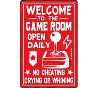 Welcome To The Game Room Tin Sign Open Daily No Cheating Crying Or Whining Funny Chic Vintage Metal Signs Poster Wall Art Decor For Home Club Bar Store 8"x12"