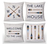 Welcome To The Lake House Paddles Oar Compass 18 x 18 Inches Throw pillow Covers Set Of 4,Summer Home Bedroom Living Room Lake House Room Porch Bench Decor,Lake Lover Gifts,Lake House Gifts For Men