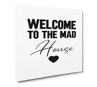 Welcome to the Mad House V2 Modern Typography Quote Canvas Wall Art Print Ready to Hang, Framed Picture for Living Room Bedroom Home Office Décor, 14x14 Inch (35x35 cm)